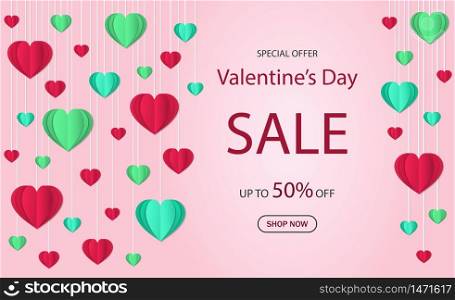 Valentine&rsquo;s day sale banner. Love background with hanging hearts. Design offer gift card for happy Valentine&rsquo;s day. Paper cut romantic balloon hearts. Pink flyer for love party. vector illustraion. Valentine&rsquo;s day sale banner. Love background with hanging hearts. Design offer gift card for happy Valentine&rsquo;s day. Paper cut romantic balloon hearts. Pink flyer for love party. vector