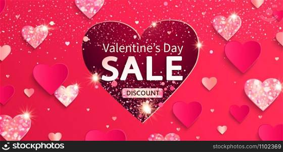 Valentine&rsquo;s day sale banner with glitters and shiny hearts. Discount offer with pink abstract background, papercut heart, shimmer, ornaments.Template for flyer, invitation for february 14.Vector. Valentine&rsquo;s day sale banner with glitters and hearts.