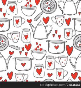 Valentine&rsquo;s day seamless pattern with hand drawn elements. Cups, teapot and pots with hearts.. Valentine&rsquo;s day seamless pattern