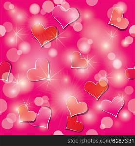 Valentine&rsquo;s day seamless pattern with hearts and lights - holiday pink abstract background.