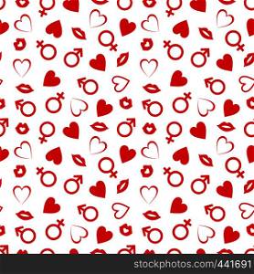 Valentine's Day Seamless Vector Patterns. Backgrounds Textures in Red and White Male and Female Symbol, Hearts, Lips and Kisses.