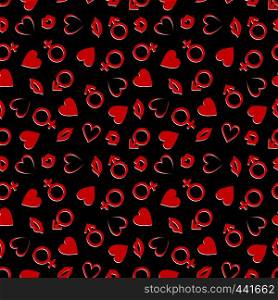Valentine's Day Seamless Vector Patterns. Backgrounds Textures in Red, Black and White Male and Female Symbol, Hearts, Lips and Kisses.