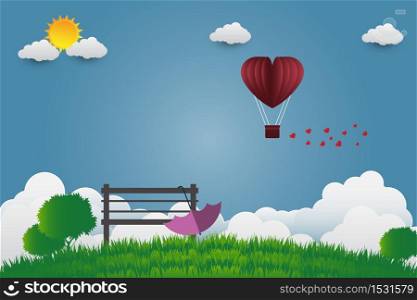 Valentine&rsquo;s day umbrella with chair balloons in a heart shaped flying over grass view background, paper art style,Vector illustration
