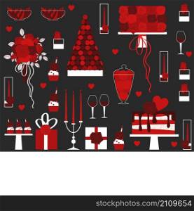 Valentine&rsquo;s Day vector background with cake, flowers, gifts and hearts.