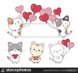 Valentine&rsquo;s day wedding birthday christmas and new year concept design of cat and heart balloon on white background vector illustration
