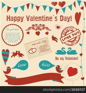 Valentine`s background with retro elements and banners (hearts, birds, frames)