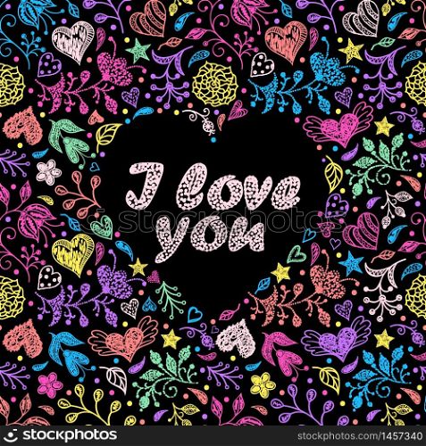 Valentine s card with colorful flowers,hearts and other elements on black background.Vector illustration.. colorful valentine s card