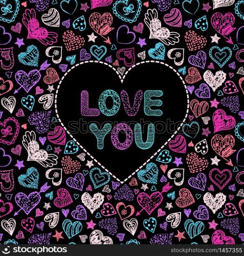 Valentine s card with colorful hearts on black background.Vector illustration.. Valentine s card with colorful hearts