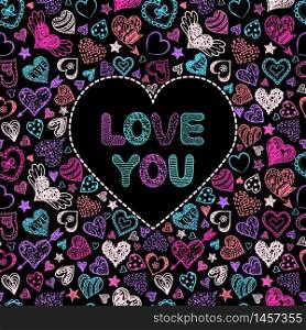 Valentine s card with colorful hearts on black background.Vector illustration.. Valentine s card with colorful hearts