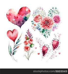Valentine’s day and wedding watercolor hand drawn illustrations. Different hearts, red flowers peonies, jar of hearts, key, diamond. Set of romantic vintage elements.. Valentine’s day and wedding watercolor hand drawn illustrations. Different hearts, red flowers peonies, jar of hearts Set of romantic vintage elements.