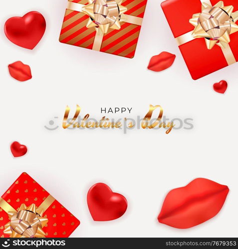 Valentine s Day Background Design with Realistic Lips and Hearts, Gift box. Template for advertising, web, social media and fashion ads. Poster, flyer, greeting card. Vector Illustration. Valentine s Day Background Design with Realistic Lips and Hearts, Gift box. Template for advertising, web, social media and fashion ads. Poster, flyer, greeting card. Vector Illustration EPS10