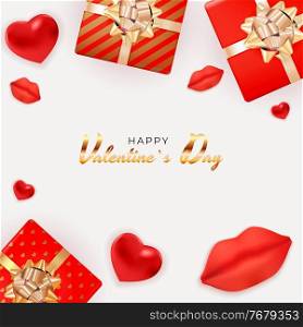Valentine s Day Background Design with Realistic Lips and Hearts, Gift box. Template for advertising, web, social media and fashion ads. Poster, flyer, greeting card. Vector Illustration. Valentine s Day Background Design with Realistic Lips and Hearts, Gift box. Template for advertising, web, social media and fashion ads. Poster, flyer, greeting card. Vector Illustration EPS10