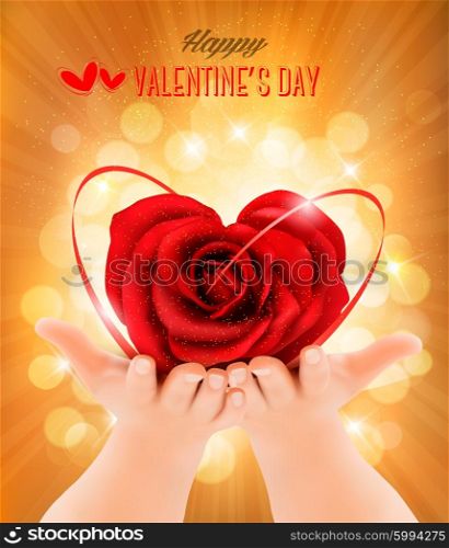 Valentine`s day background. Hands holding heart shaped rose . Vector illustration