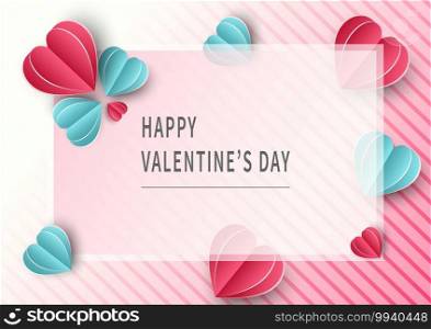 Valentine’s day background. Hearts pink and blue papaer cut card on pink and blue background with space for text. Vector illustration