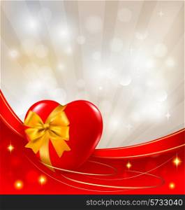 Valentine`s day background. Red heart hanging on ribbon. Vector illustration.