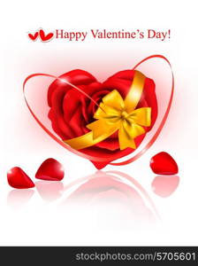 Valentine`s day background. Red heart made of rose petals with gift red ribbons. Vector illustration