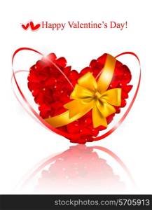 Valentine`s day background. Red heart made of rose petals with gift red ribbons. Vector illustration