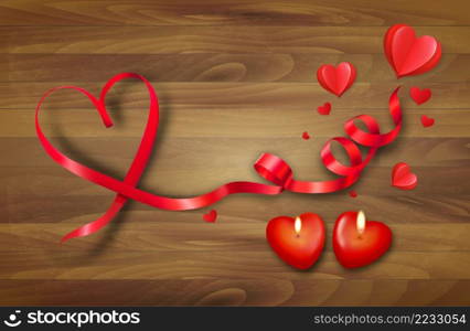 Valentine s day background. Red heart shape ribbon and two heart candles on wooden background. Vector.