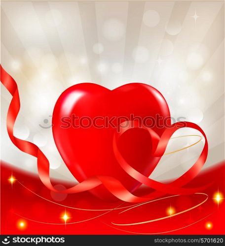 Valentine`s day background. Red heart with a ribbon. Vector illustration.
