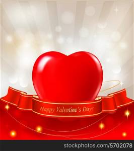 Valentine`s day background. Red heart with a ribbon. Vector illustration.