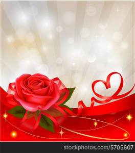 Valentine`s day background. Red rose with gift red bow. Vector illustration