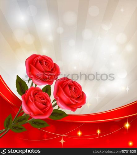 Valentine`s day background. Red roses and gift red bow. Vector illustration.