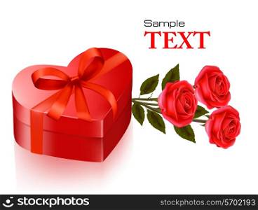 Valentine`s day background. Red roses and gift red box. Vector illustration.