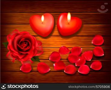 Valentine`s day background. Red roses and two heart candles on wooden background. Vector.