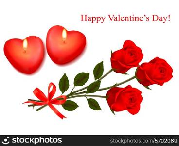 Valentine`s day background. Red roses and two heart candles. Vector.