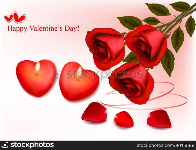 Valentine`s day background. Red roses and two heart candles. Vector.