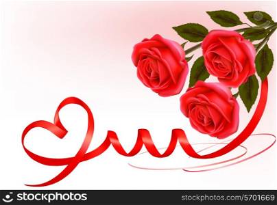 Valentine`s day background. Red roses with gift red bow. Vector illustration.
