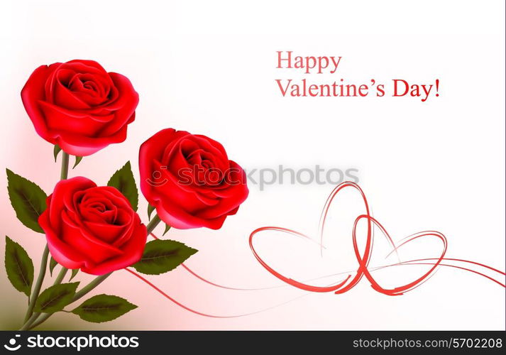 Valentine`s day background. Red roses with gift red bow. Vector illustration.