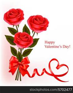 Valentine`s day background. Red roses with gift red bow. Vector illustration.