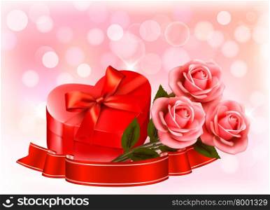 Valentine`s day background. Three red roses with red heart-shaped gift box. Vector illustration.