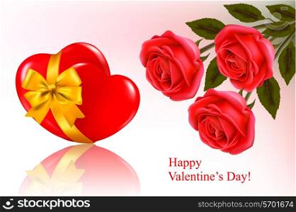 Valentine`s day background. Three red roses with two hearts and ribbon. Vector illustration.