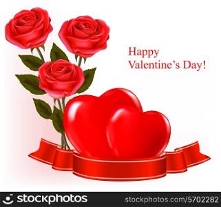 Valentine`s day background. Three red roses with two hearts and ribbon. Vector illustration