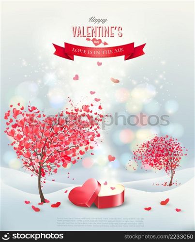 Valentine`s day background trees with hearts and an open red gift heart shape box. Vector.