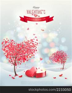 Valentine`s day background trees with hearts and an open red gift heart shape box. Vector.