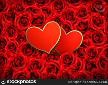Valentine`s day background. Two hearts on background of red flowers. Vector illustration.