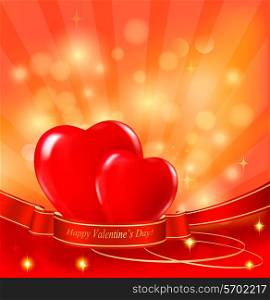 Valentine`s day background. Two red hearts hanging on ribbon. Vector illustration