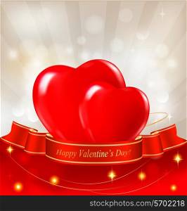 Valentine`s day background. Two red hearts hanging on ribbon. Vector illustration.