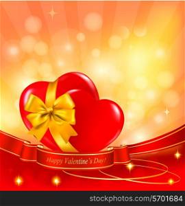 Valentine`s day background. Two red hearts with a ribbon. Vector illustration.