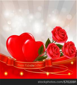 Valentine`s day background. Two red roses with two hearts hanging on ribbon. Vector illustration.