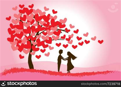 Valentine's Day background with a couple hold hands silhouette, heart shaped tree Vector.