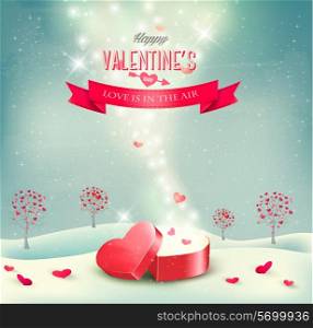 Valentine`s day background with an open red gift box. Vector.