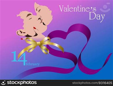 Valentine s day background with and kissing couple. Vector 3d illustration