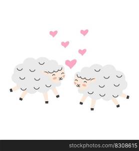 Valentine's day background with cute sheep cartoon and heart sign symbol. Vector illustration.