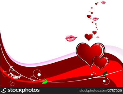 Valentine`s day background with hearts and lips images. Place for text. Vector illustration