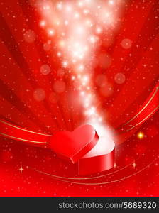 Valentine`s day background with open red gift box with bow and ribbons. Vector.