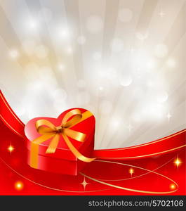 Valentine`s day background with red gift box with bow and ribbons. Vector.